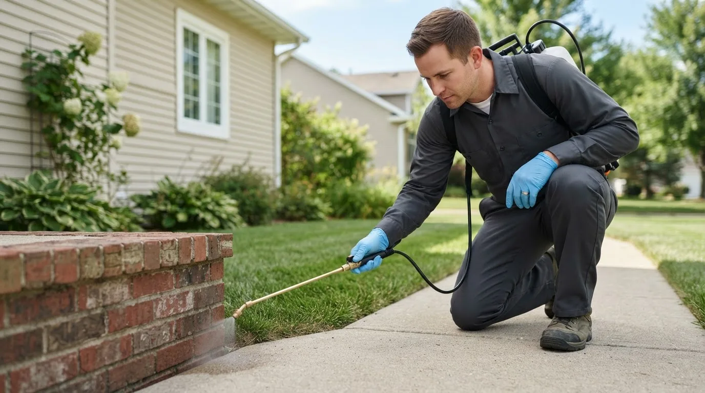 Pest control technician treating a home near Mackinaw, IL