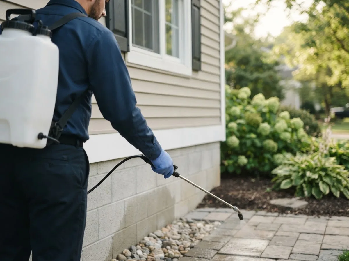 Pest control technician inspecting a home in Mackinaw, IL